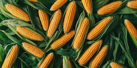 Canvas Print - Vibrant ears of corn scattered on green leaves create a fresh, natural vibe. A perfect image for agriculture, food blogs, and healthy living. Bright colors evoke summer days. AI