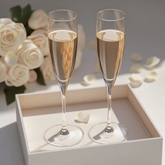 Elegant champagne glasses filled with sparkling drink. Perfect for celebrations or romantic moments. The soft light creates a dreamy atmosphere. Ideal for wedding or anniversary themes. AI