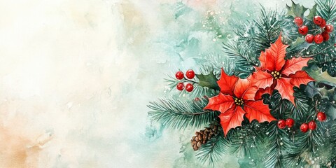 Poster - A beautiful holiday arrangement featuring vibrant red poinsettias, green pine branches, and berries. Perfect for Christmas designs and seasonal decorations. Celebrate the festive spirit. AI