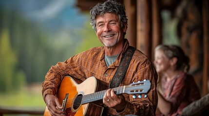 Aufkleber - A senior man playing the guitar on his porch with family gathered around clapping and smiling creating a joyful atmosphere Large space for text in center Stock Photo with copy space