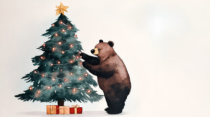 Noel bear decorating a Christmas tree with tiny lights, watercolor, isolated on white, soft colors, side view, warm and joyful concept happy noel, concept happy Christmas