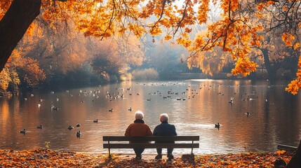 Poster - An elderly couple sitting on a bench by the lake feeding the ducks together enjoying the peaceful surroundings Large space for text in center Stock Photo with copy space