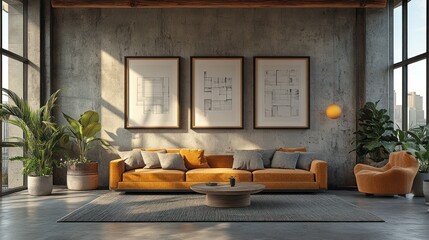 Poster - Modern Loft Living Room with Concrete Walls