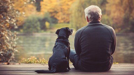 Poster - A senior man sitting on the porch with his dog by his side looking out at a peaceful garden scene with contentment in his eyes Large space for text in center Stock Photo with copy space