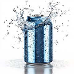 Blank blue aluminum can isolated on white, with splashing clear water