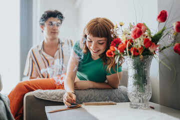 Wall Mural - Two friends enjoying a laid-back moment at home, surrounded by vibrant flowers and calming incense smoke, creating a peaceful and cozy atmosphere.