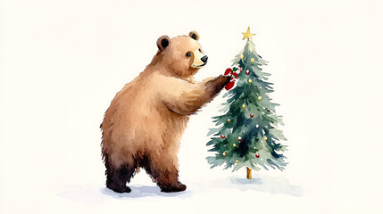 Noel bear decorating a tiny Christmas tree, watercolor, isolated on white, soft colors, side view, festive and joyful concept happy noel, concept happy Christmas