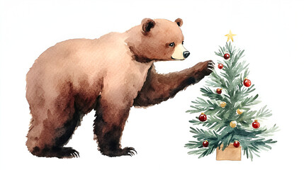 Noel bear decorating a tiny Christmas tree, watercolor, isolated on white, soft colors, side view, festive and joyful concept happy noel, concept happy Christmas