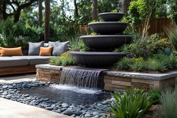 Canvas Print - Modern Backyard Oasis with Stone Waterfall Fountain