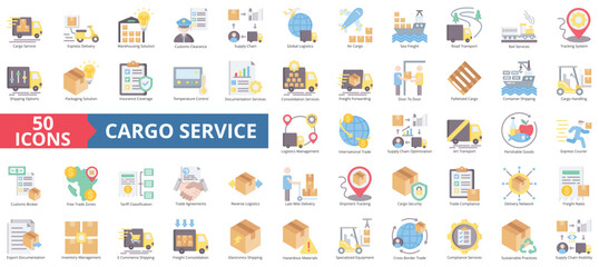 Cargo service icon collection set. Containing express delivery, warehousing, customs clearance, supply chain, global logistics, air cargo, sea freight icon. Simple flat color illustration.