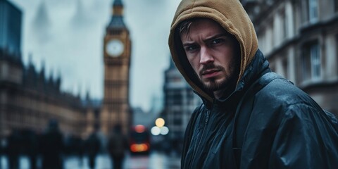 A man in a hooded jacket stands in a rainy city. The background features iconic architecture and a clock tower. This moody scene captures urban life and emotions. AI