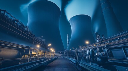 Wall Mural - Nighttime Nuclear Cooling Towers Emitting Smoke Against Blue Sky