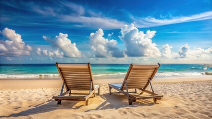 Lounge chairs on a sandy beach with a view of the ocean , vacation, relaxation, tropical, beach chairs, seashore, serene