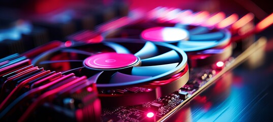 Poster - High-performance graphics card with cooling fans illuminated in vibrant lighting