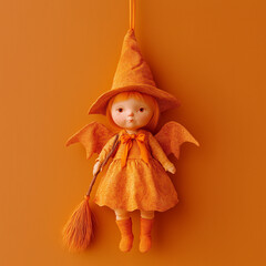 Orange Halloween witch doll as a hanging ornament, wearing a orange dress and a hat, against a orange background.Minimal creative Halloween holiday concept.Copy space,flat lay