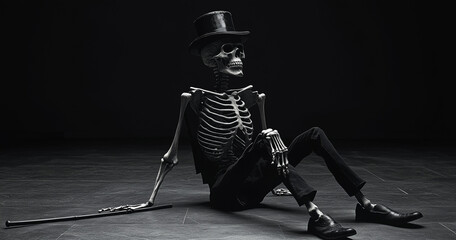 A skeleton wearing a top hat and holding a cane is sitting down against a transparent background.Minimal creative Halloween holiday concept.Copy space,flat lay 