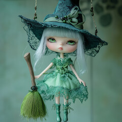 Green Halloween witch doll as a hanging ornament, wearing a green dress and a teal green hat, against a green background.Minimal creative Halloween holiday concept.Copy space,flat lay