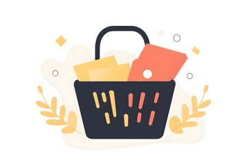 An isolated flat illustration of a shopping basket, with clean geometric shapes and minimal details to represent online shopping or retail 