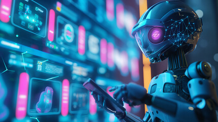 A dynamic AI robot mascot with bright blue skin, holding a futuristic design tablet surrounded by glowing icons of creative neural networks. 