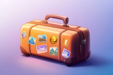 isolated 2D illustration of a suitcase with travel stickers, representing travel and adventure, using soft gradients and minimal details