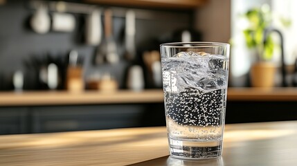 Glass of Sparkling Water on a Wooden Table in Kitchen