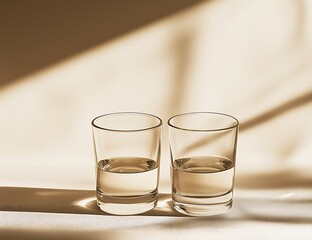 Two Glasses of Water with Sunlight and Long Shadows