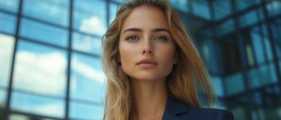 Wall Mural - Confident businesswoman with windswept hair, looking directly at the camera, in a sleek suit.