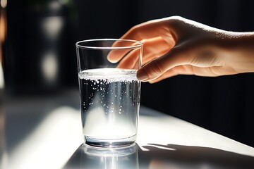 Hand Reaching Towards a Glass of Water in Bright Sunlight