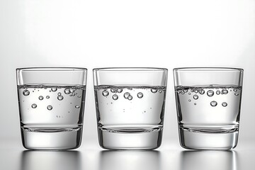 Wall Mural - Three Glasses of Sparkling Water with Bubbles on Reflective Surface