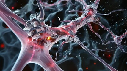 Poster - nerve impulse is traveling through a neuron with electrical signals transmitting across synapses, cr