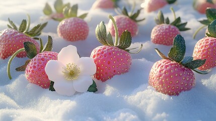 A romantic scene showcasing delicate pale pink strawberries and large strawberry flowers nestled in fresh snow, illuminated by gentle morning light. 