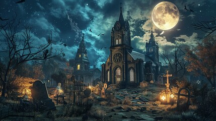 a gothic church and graveyard under a full moon