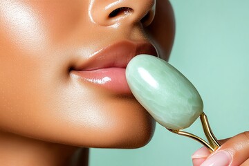 Poster - A close-up of a hand holding a jade roller, gently massaging the face for a calming skincare routine