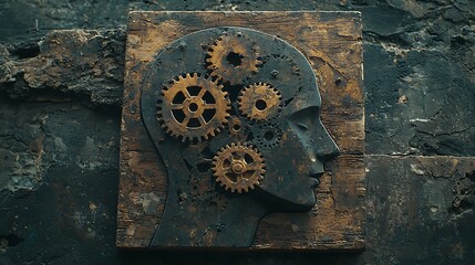 Gears turn within a human head on a wooden background, a symbol of industry and innovation.