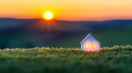 Sticker - A small house glows softly in a green field during sunset, creating a serene atmosphere filled with warm colors