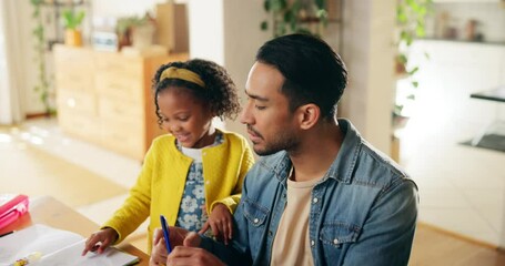 Aufkleber - Busy, education or remote work with father and daughter in home dining room for distraction or study. Distance learning, freelance employment or multitask with single parent man and girl in apartment