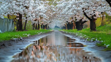 Wall Mural - A serene path adorned with standing water after a gentle rain, lined with stunning white cherry blossom trees on both sides, creating beautiful reflections in the water.