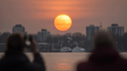 Spectators gather in awe as the solar eclipse casts a magical glow over the urban skyline at sunset