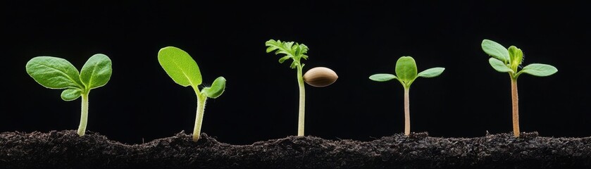 Seedlings growing from soil, dark background