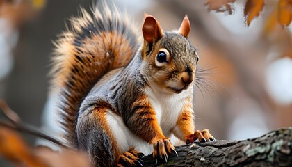 Playful squirrel foraging in a lush green forest