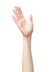 A raised hand against a white background, symbolizing communication, greeting, or request.