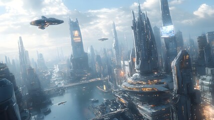 Flying vehicles dominate the skies in futuristic city images