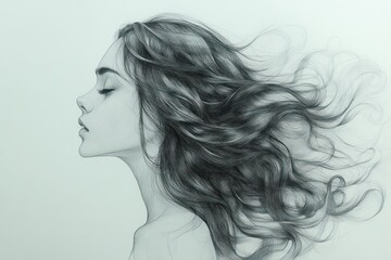 Canvas Print - Woman with Flowing Hair in Pencil Drawing