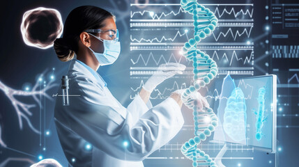 Dedicated scientist analyzing DNA sequences on advanced digital display for groundbreaking cancer research. Innovative laboratory equipment and detailed medical charts support complex genetic studies