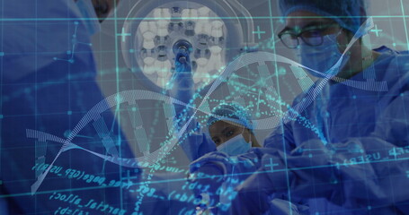 Wall Mural - Image of data processing and dna strand over diverse surgeons during operation