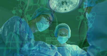 Poster - Image of data processing and dna strands over diverse surgeons during operation