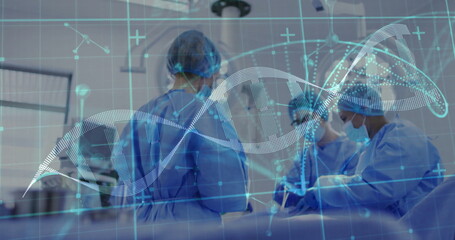 Poster - Image of data processing and dna strand over diverse surgeons during operation