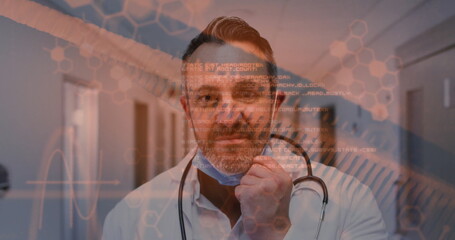 Poster - Image of data processing and dna strands over caucasian male surgeon with face mask