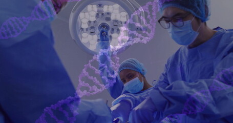 Poster - Image of dna strands over diverse surgeons during operation