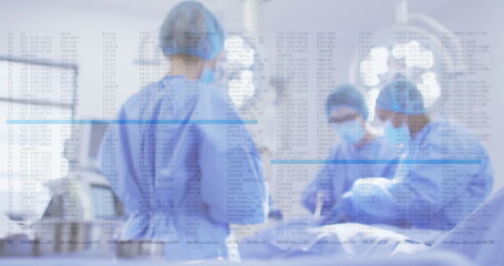 Canvas Print - Image of data processing over diverse surgeons during operation